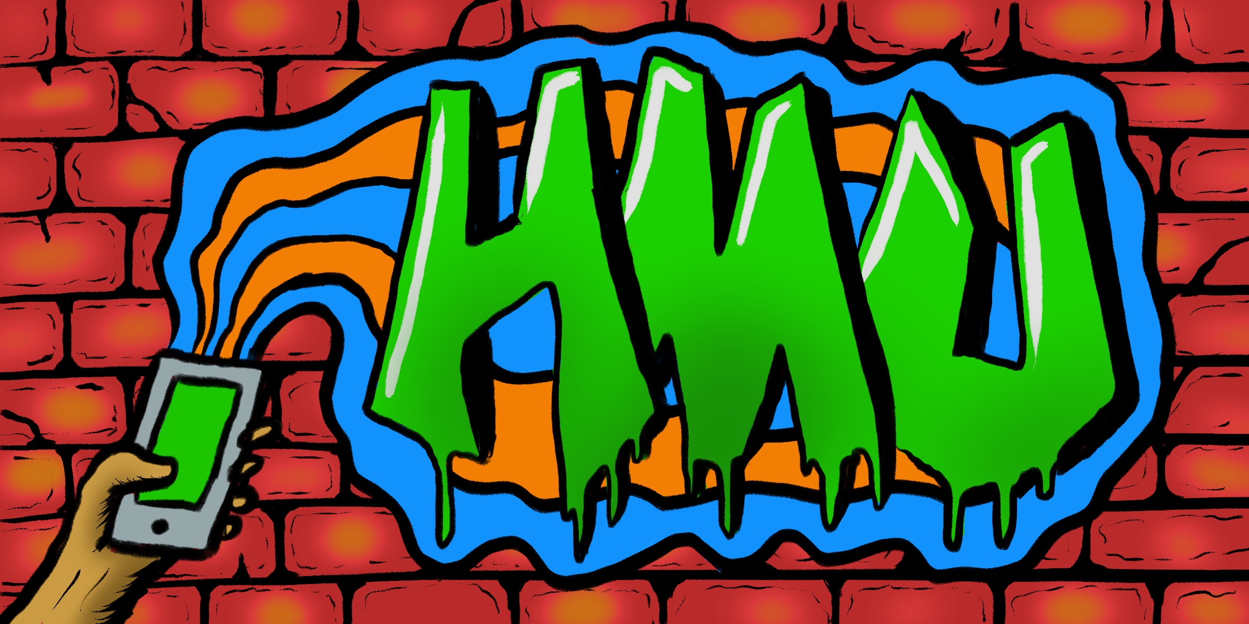 "HMU" written in green graffiti type on a brick wall