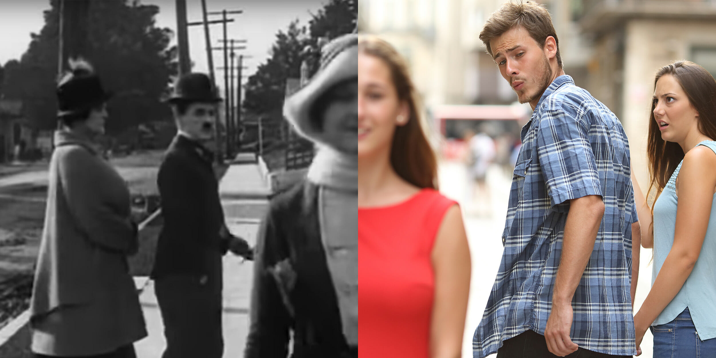 Meme of Charlie Chaplin and disloyal man spit screen.