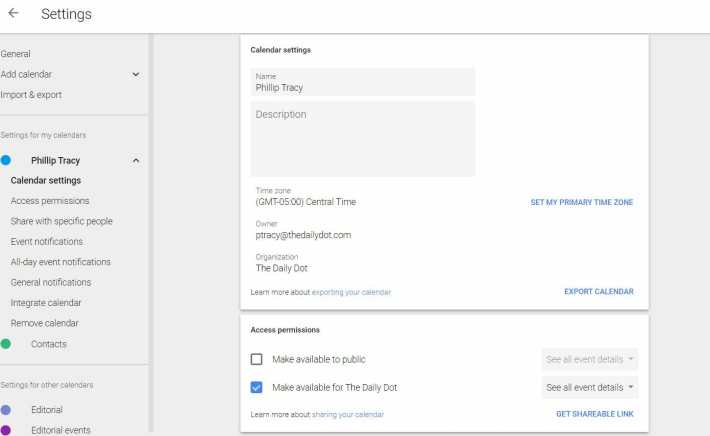 how to share a google calendar - settings menu