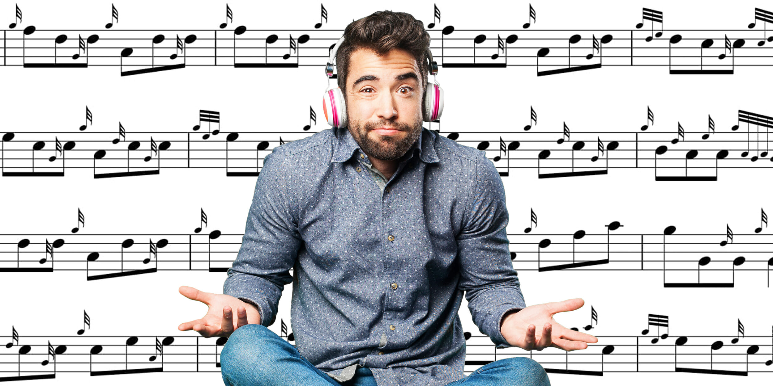 man with headphones shrugging in front of sheet music