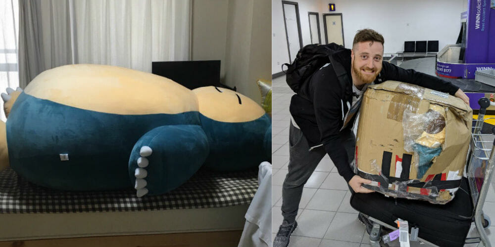 Callum Underwood and his giant Snorlax plush.