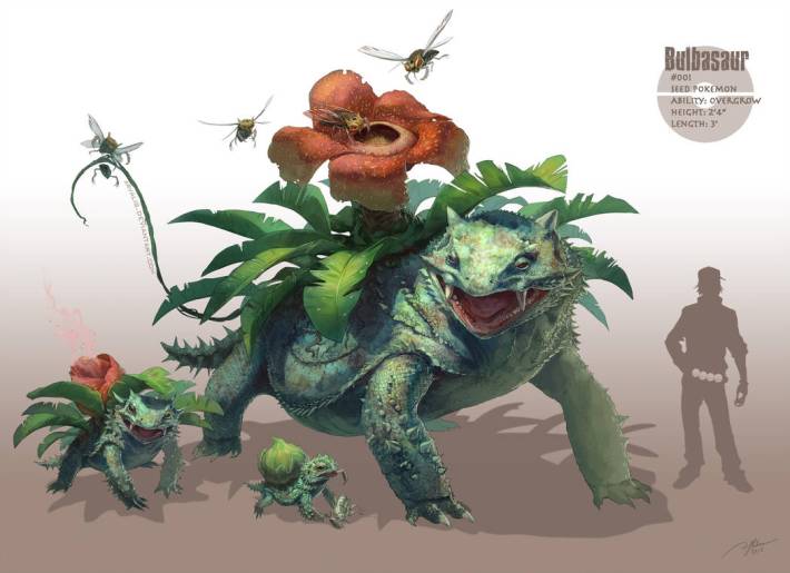Detective Pikachu concept artist RJ Palmer's depiction of the the Pokémon Bulbasaur's evolution line.