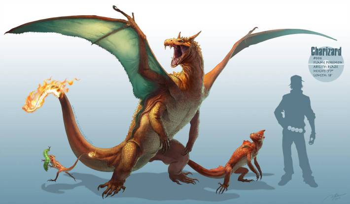 RJ Palmer's depiction of the Pokémon Charmander's evolution line.