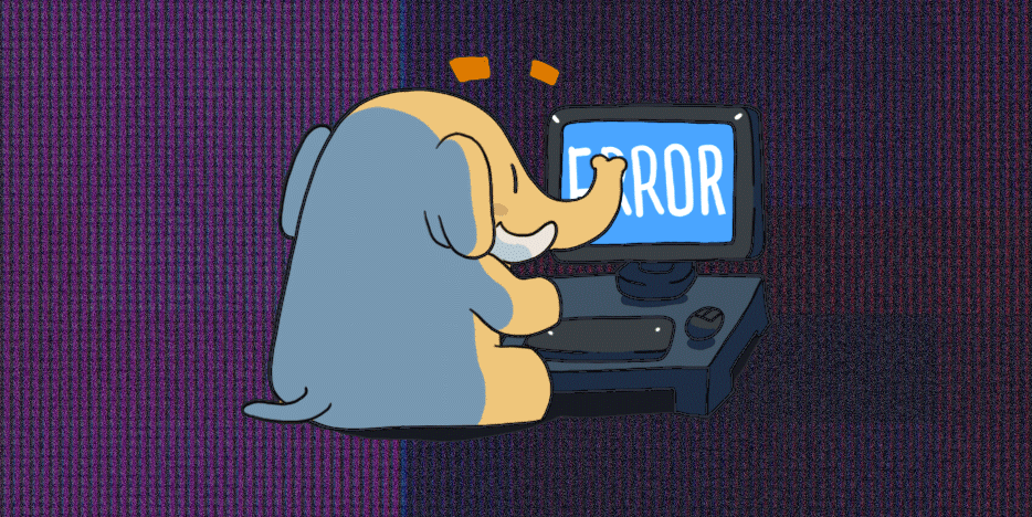 Mastodon 404 animation, elephant smashing keyboard screen reads error