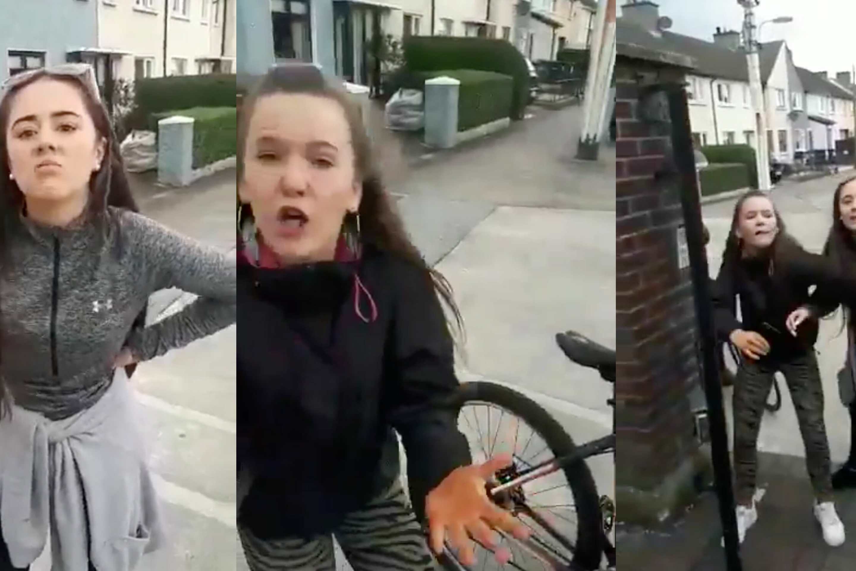 Three photos side by side show two girls caught on video verbally assaulting a Mexican man in Dublin
