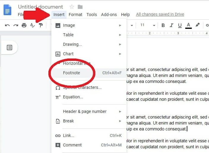 how to add footnotes in google docs