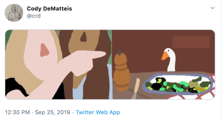 "woman yelling at cat" meme with a goose instead of a cat at the table.