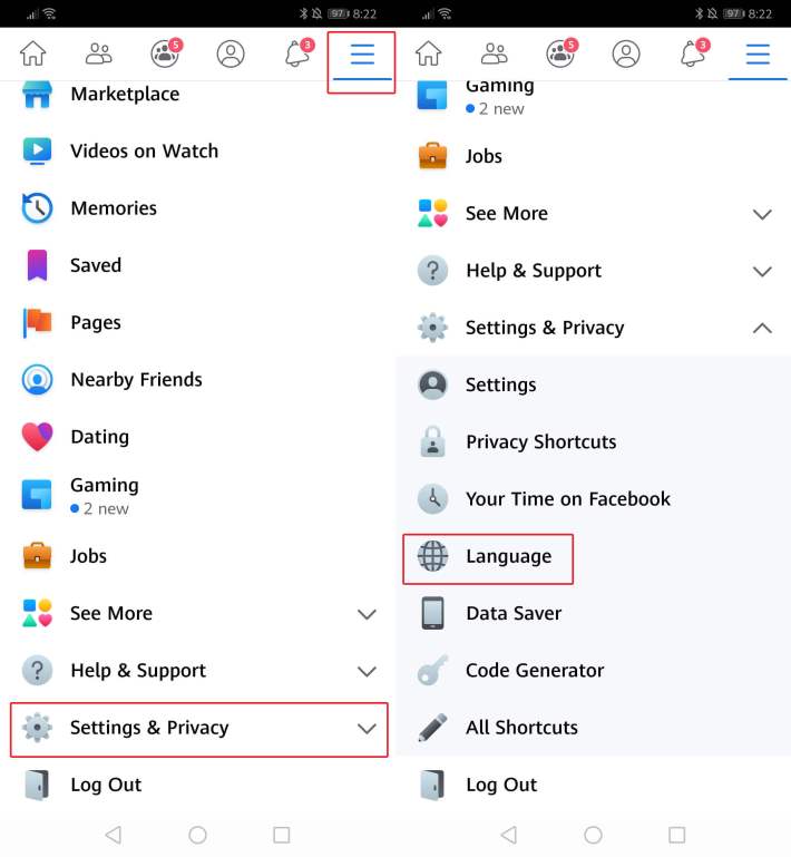 how to change language in facebook