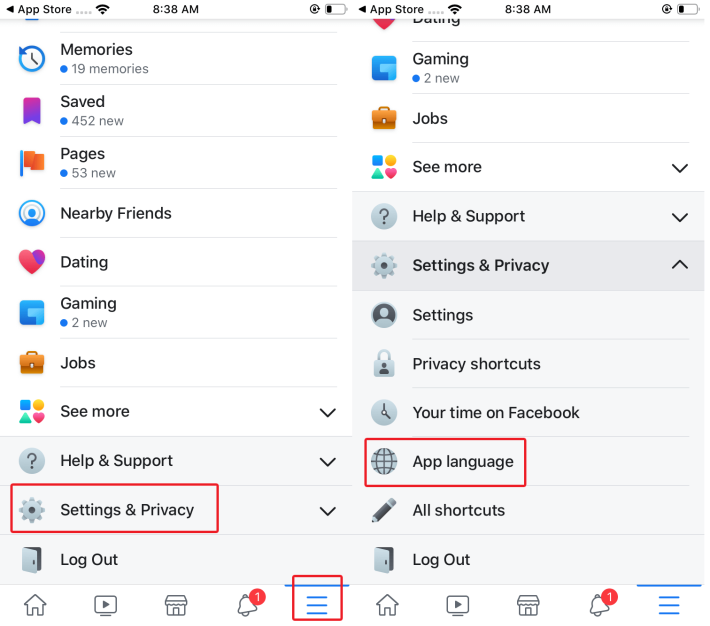 how to change language in facebook