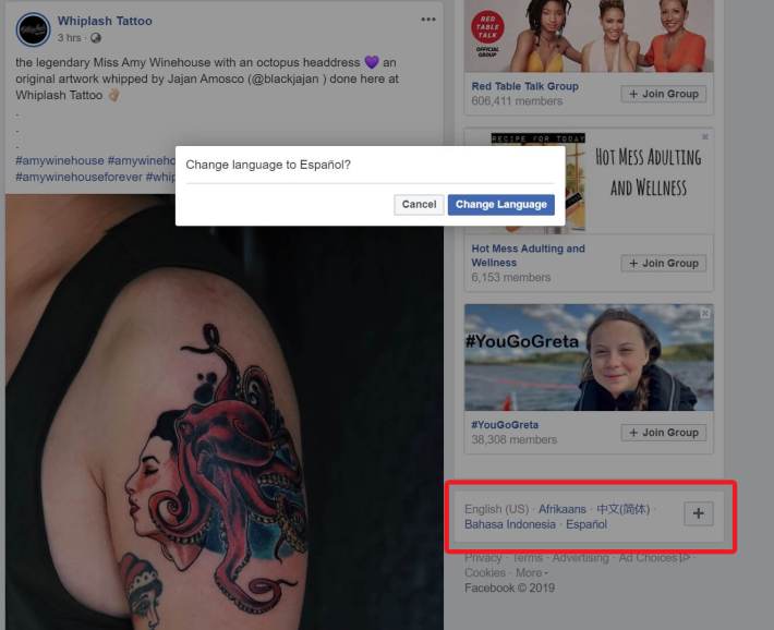 how to change language in facebook