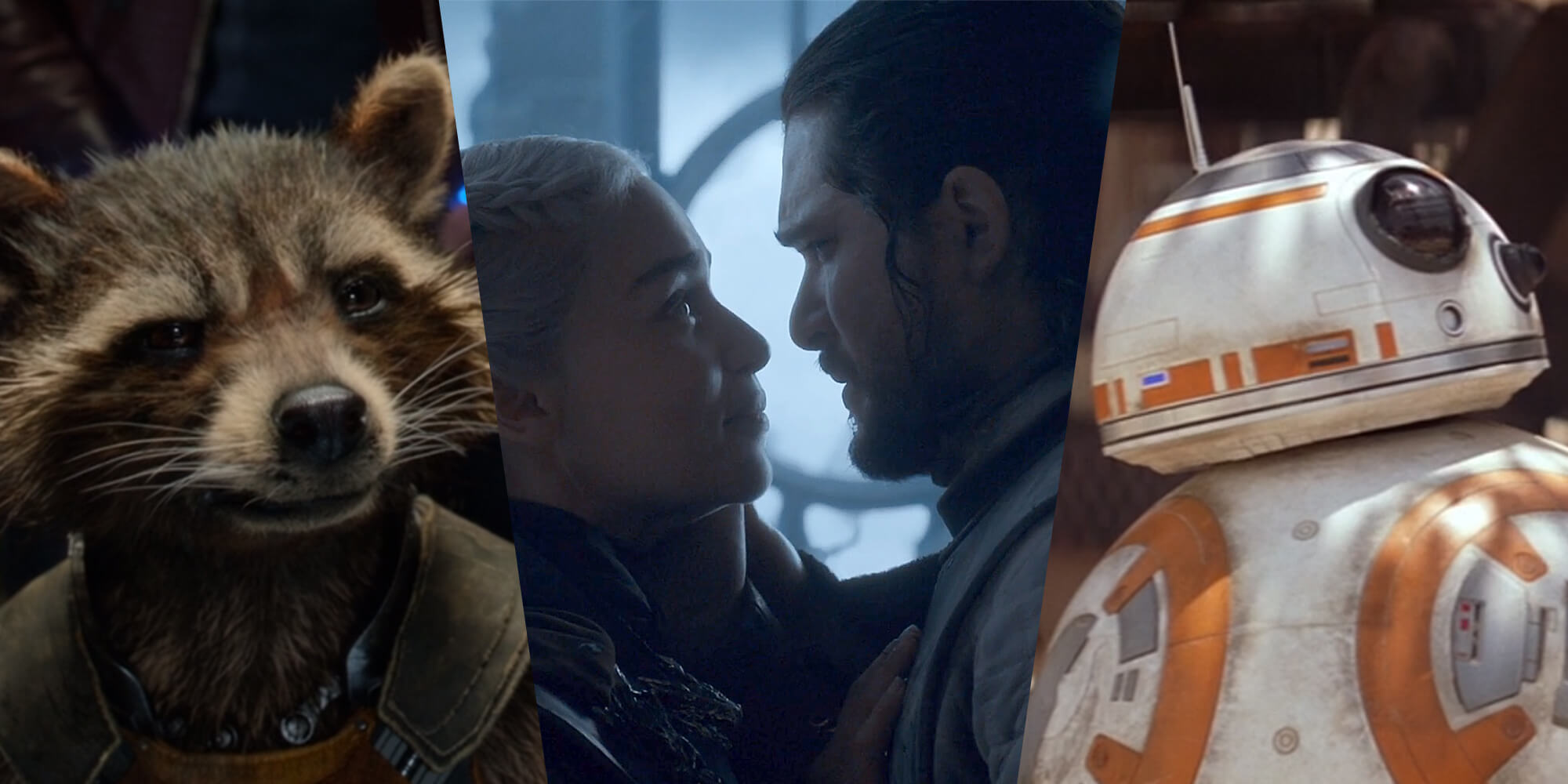 rocket raccoon, daenerys, jon snow, and bb8
