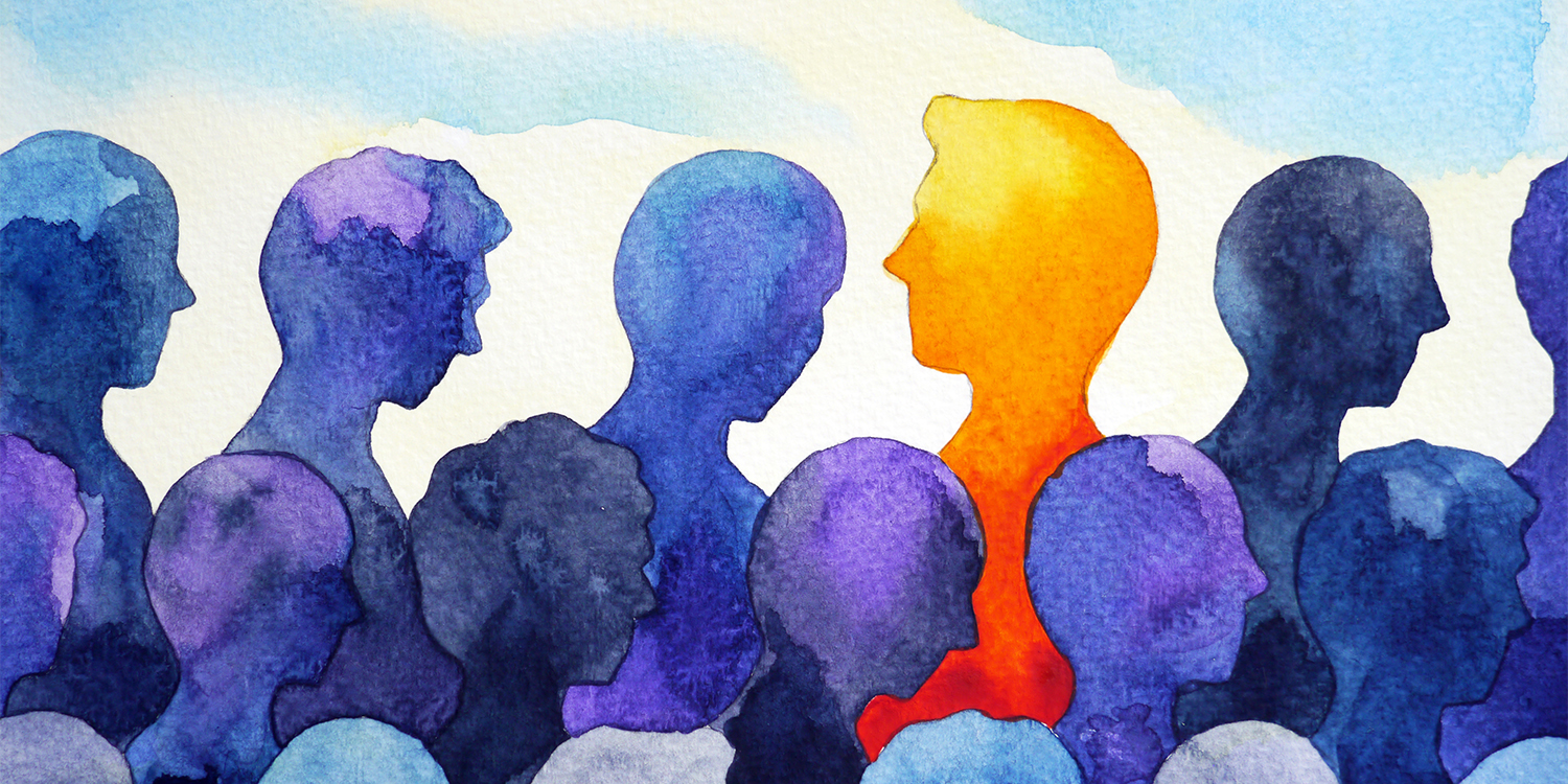 watercolor painting of one person moving against a crowd