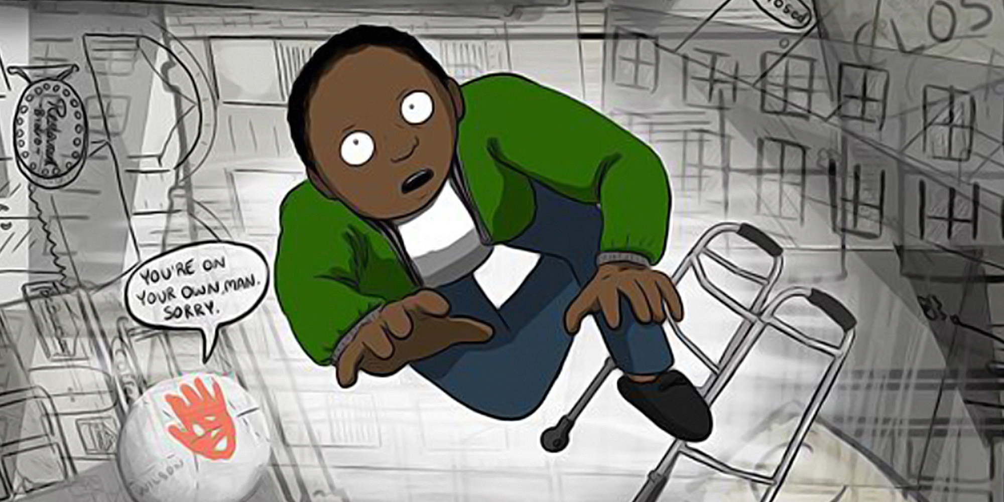 man with walker being told "you're on your own, man. sorry" by a volleyball with a handprint on it