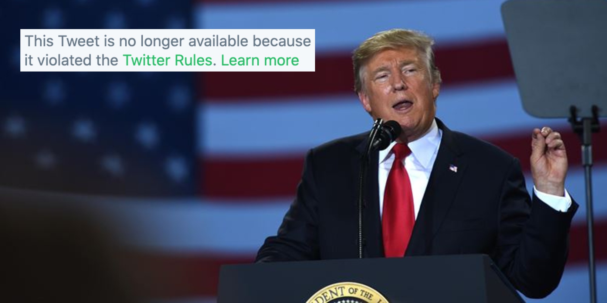 Donald Trump next to a deleted tweet notice