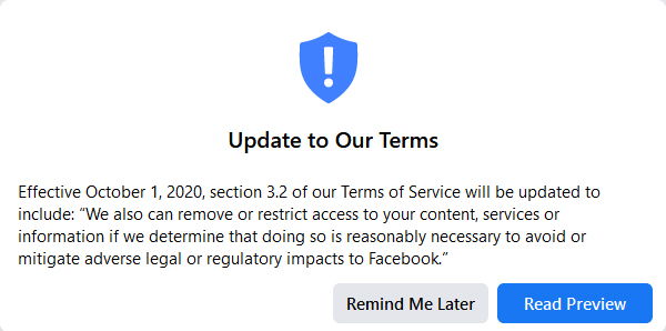 Facebook Terms Of Service Update Popup