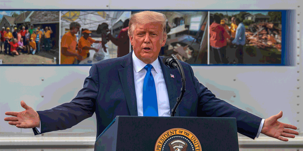 donald trump with arms open in question with visual digital glitches