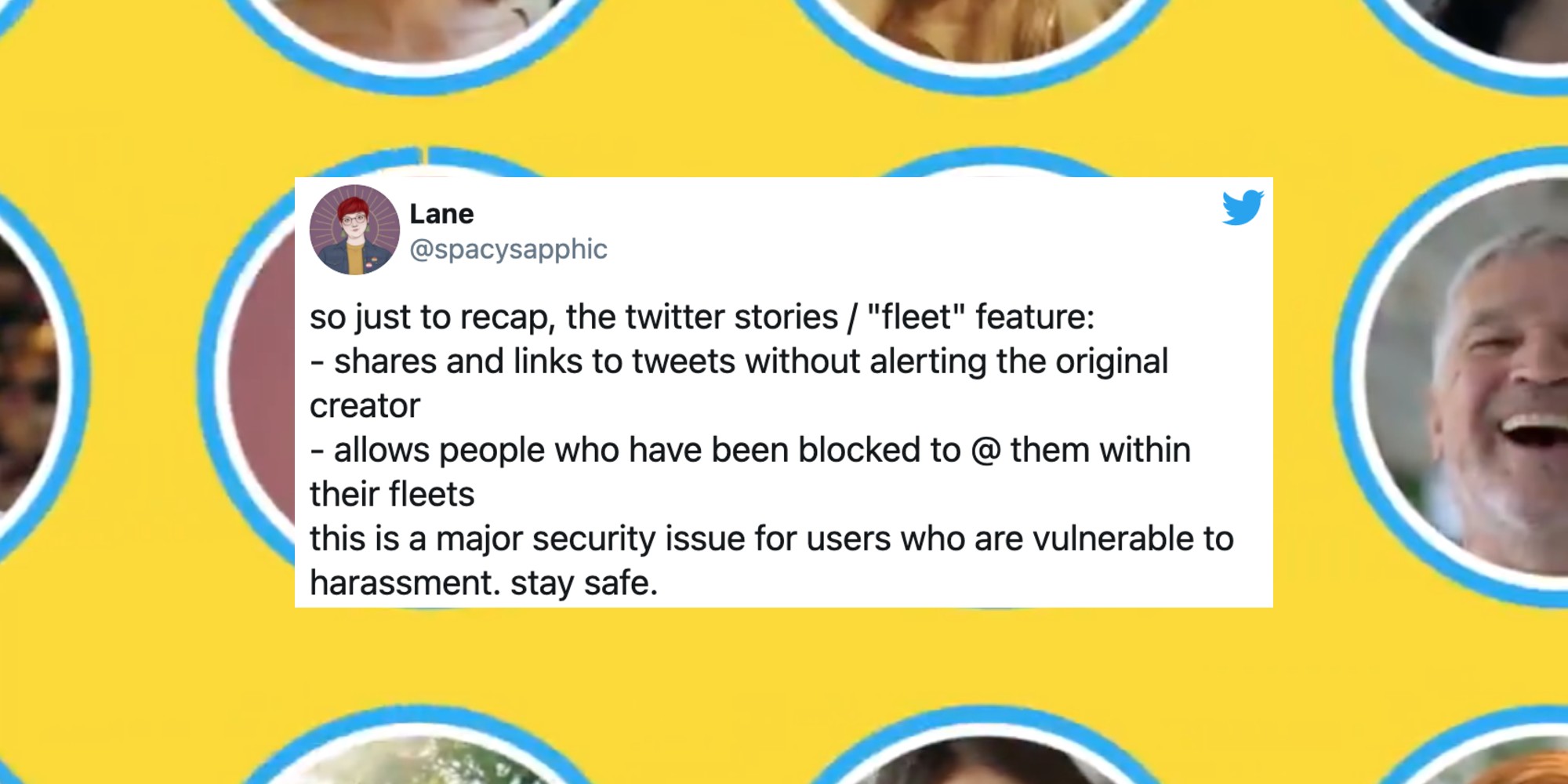 A tweet over a background of Twitter's Fleet users