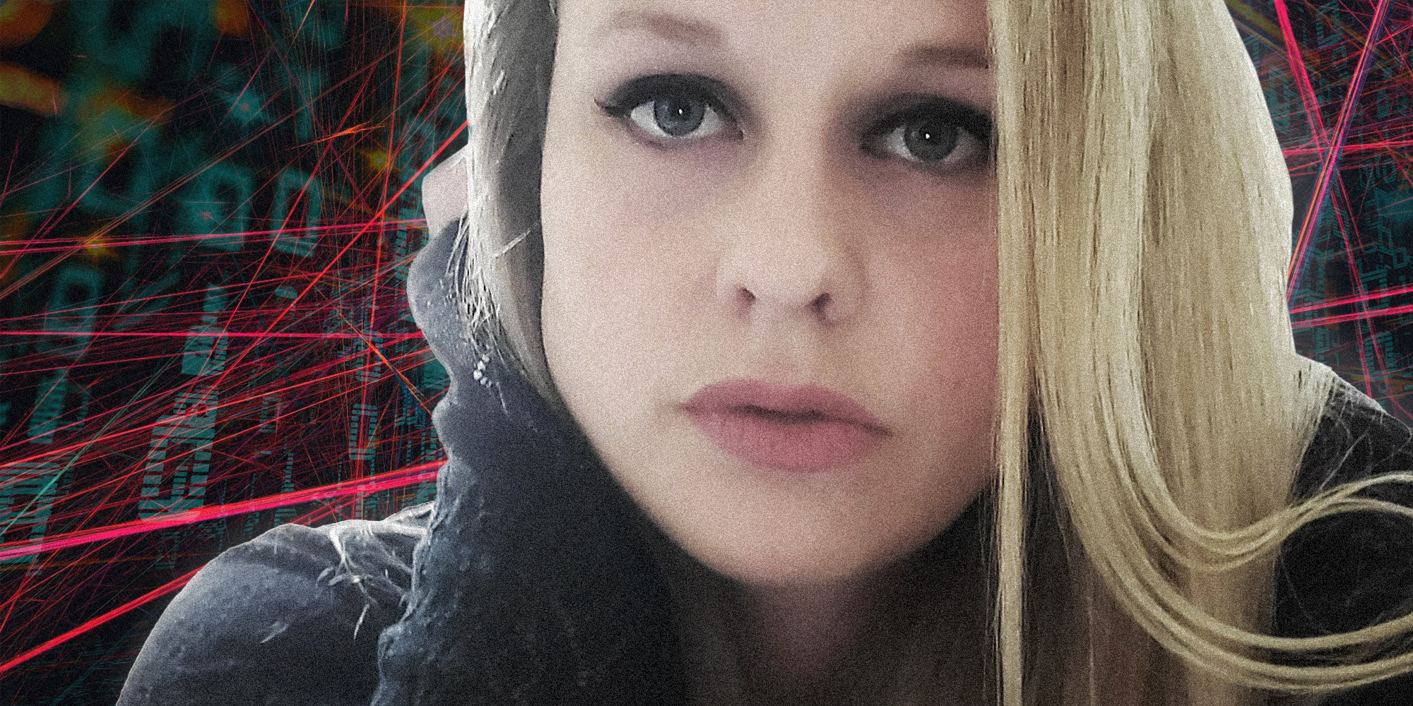 Scientist Rebekah Jones in front of digital background.