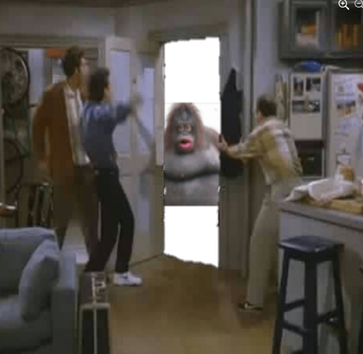 The cast of Seinfeld running to greet Le Monke at the door
