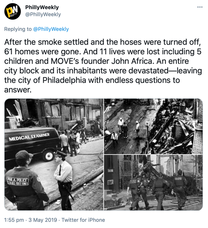 "After the smoke settled and the hoses were turned off, 61 homes were gone. And 11 lives were lost including 5 children and MOVE’s founder John Africa. An entire city block and its inhabitants were devastated—leaving the city of Philadelphia with endless questions to answer." Black and white photographs of the aftermath of the fire showing rubble and officers standing around.