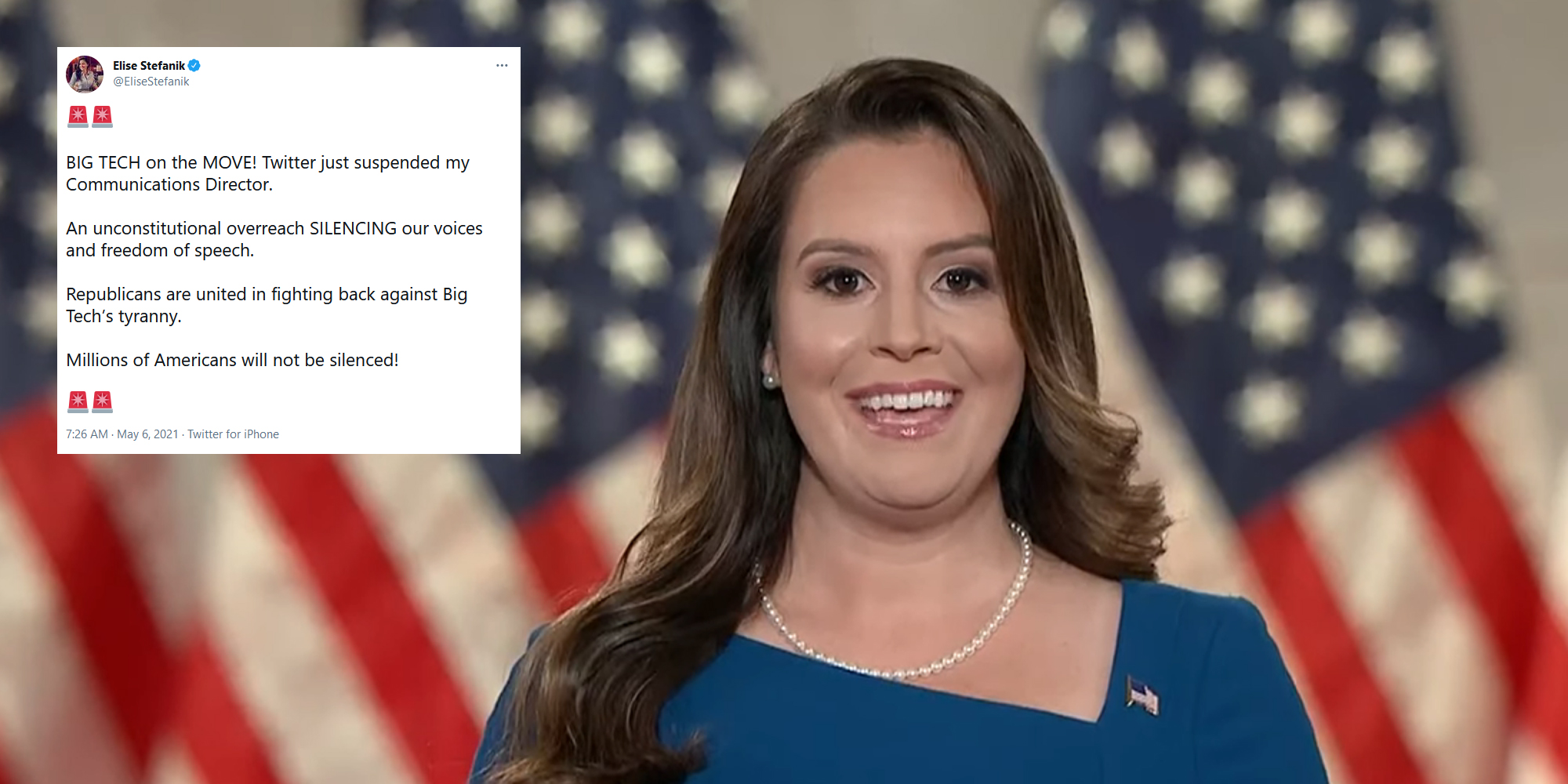 Elise Stefanik speaking at the RNC convention in 2020. Next to her is a tweet criticizing the suspension of her communications director on Twitter. The company said it was an error.