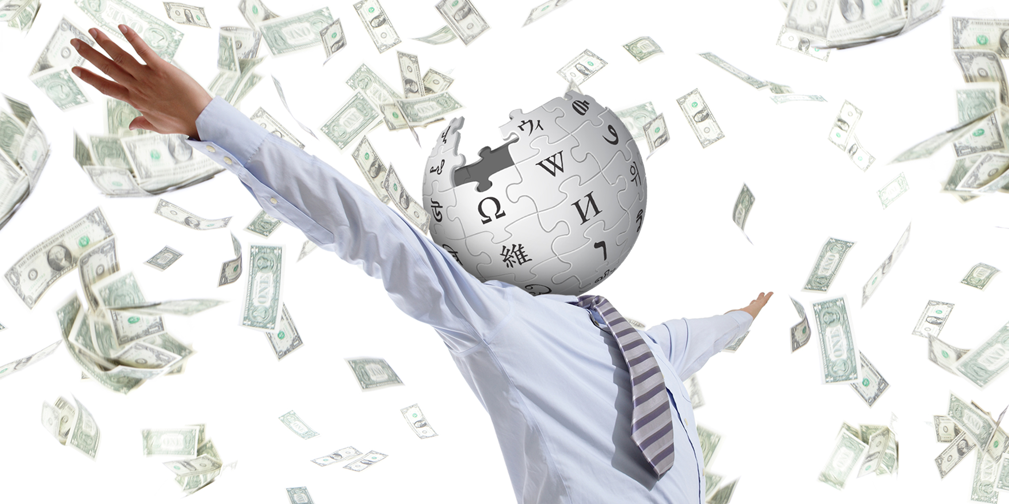 Man with Wikipedia logo for head raises arms as money falls around him