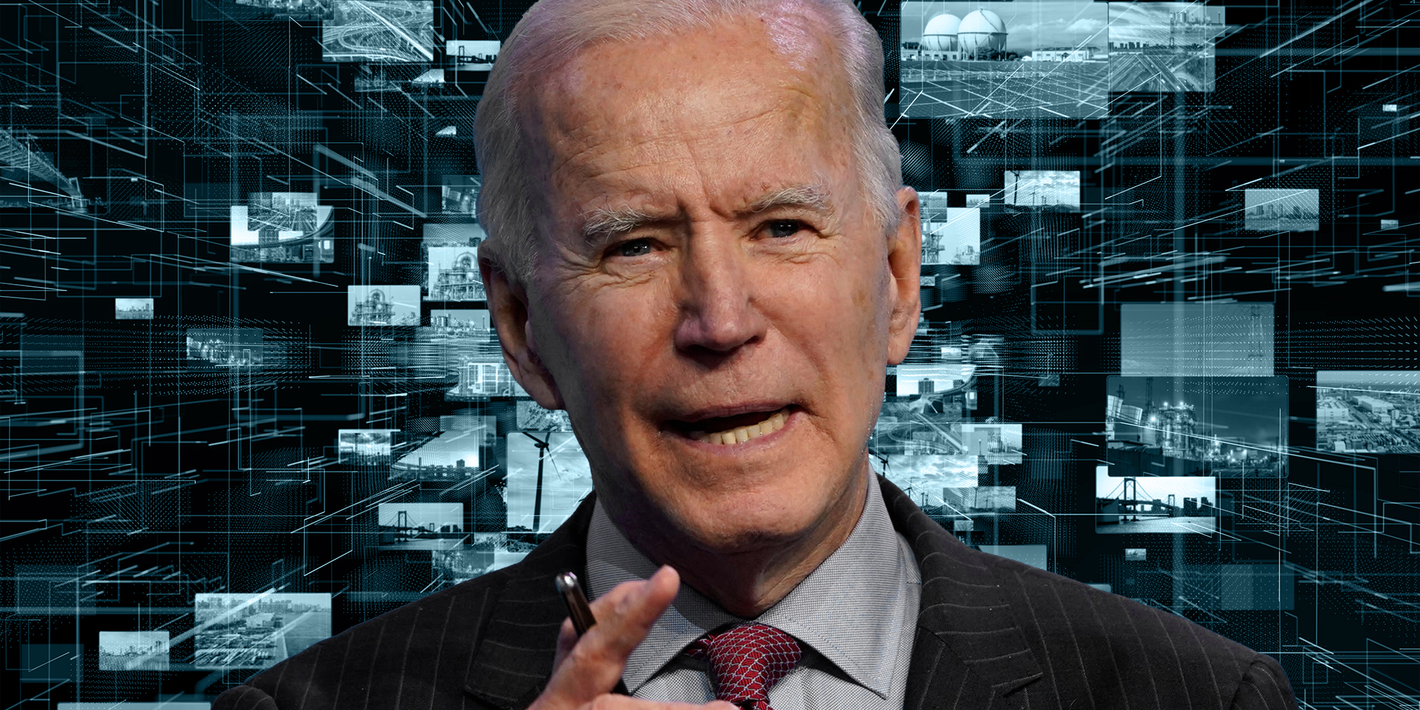 joe biden over background of images at different sizes and distances