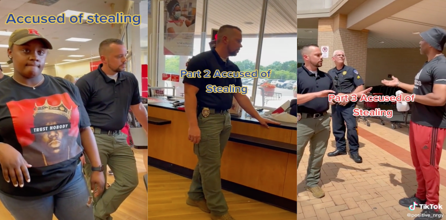 Three screenshot panel from a three-part series TikTok where three Black women were accused of shoplifting at a TJ Maxx in Jew Jersey