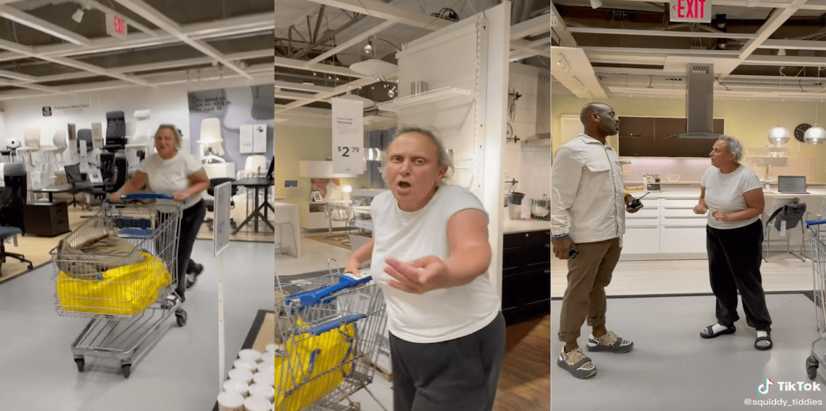 Three panel from screenshot of a woman at IKEA who was calling customers the "N-word" and was told to leave by an employee