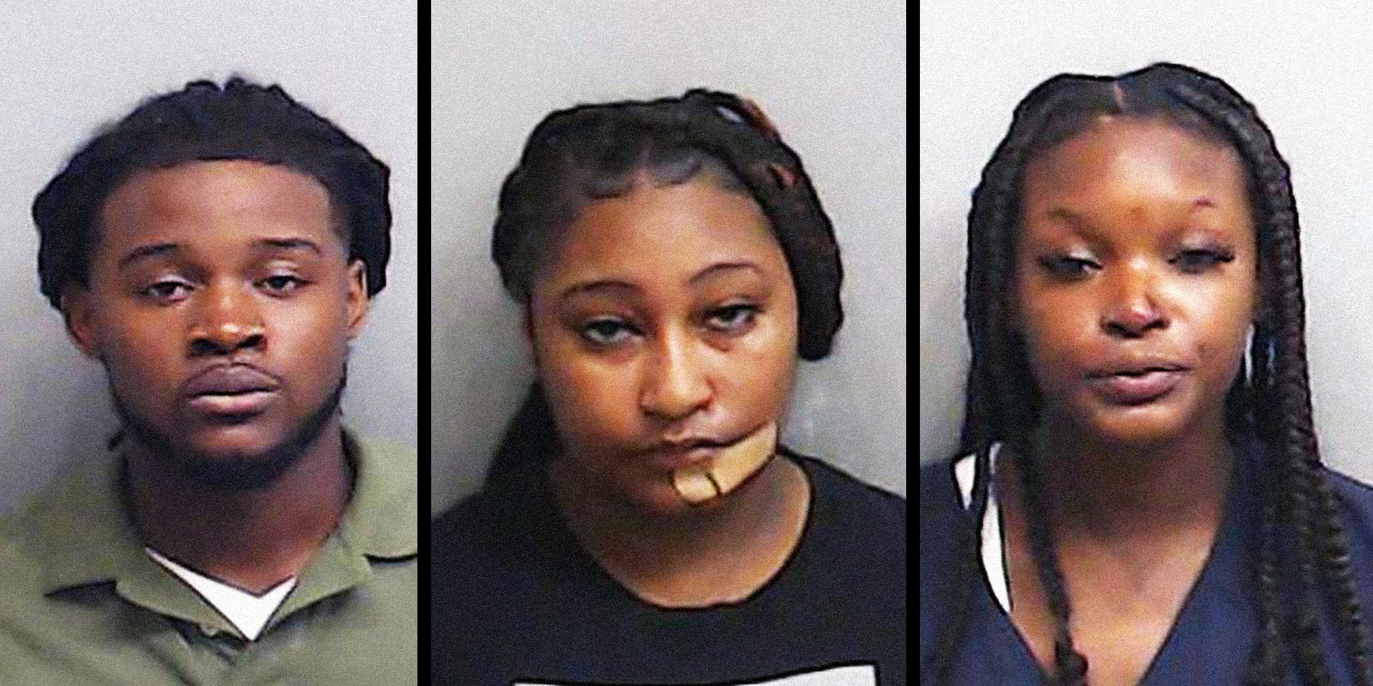 Three people looking into camera.