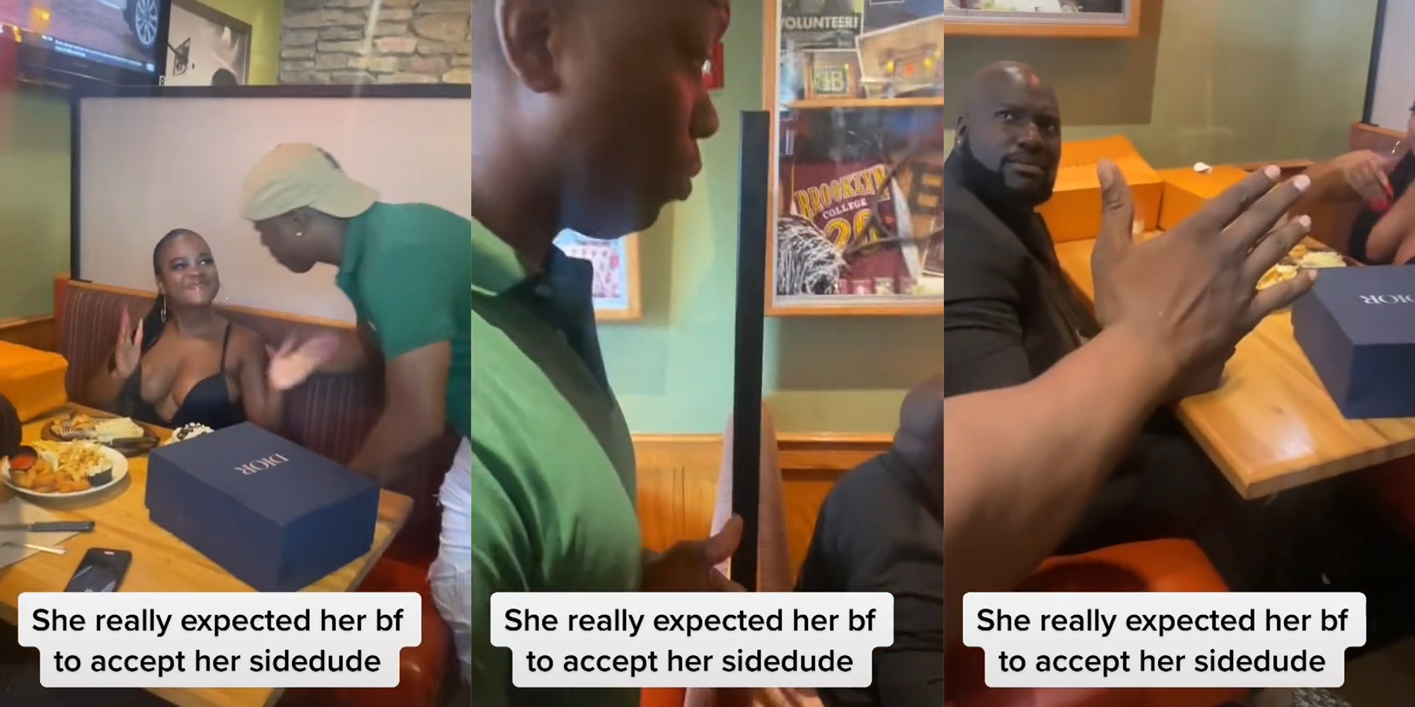 smiling woman greets man (l) man shrugging (c) man at table looking over his shoulder, confused (r) all with caption "She really expected her bf to accept her sidedude"