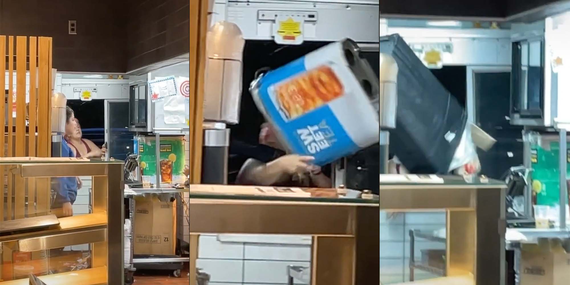 Karen throws garbage can and iced tea dispenser through the drive-through window of a McDonald's.