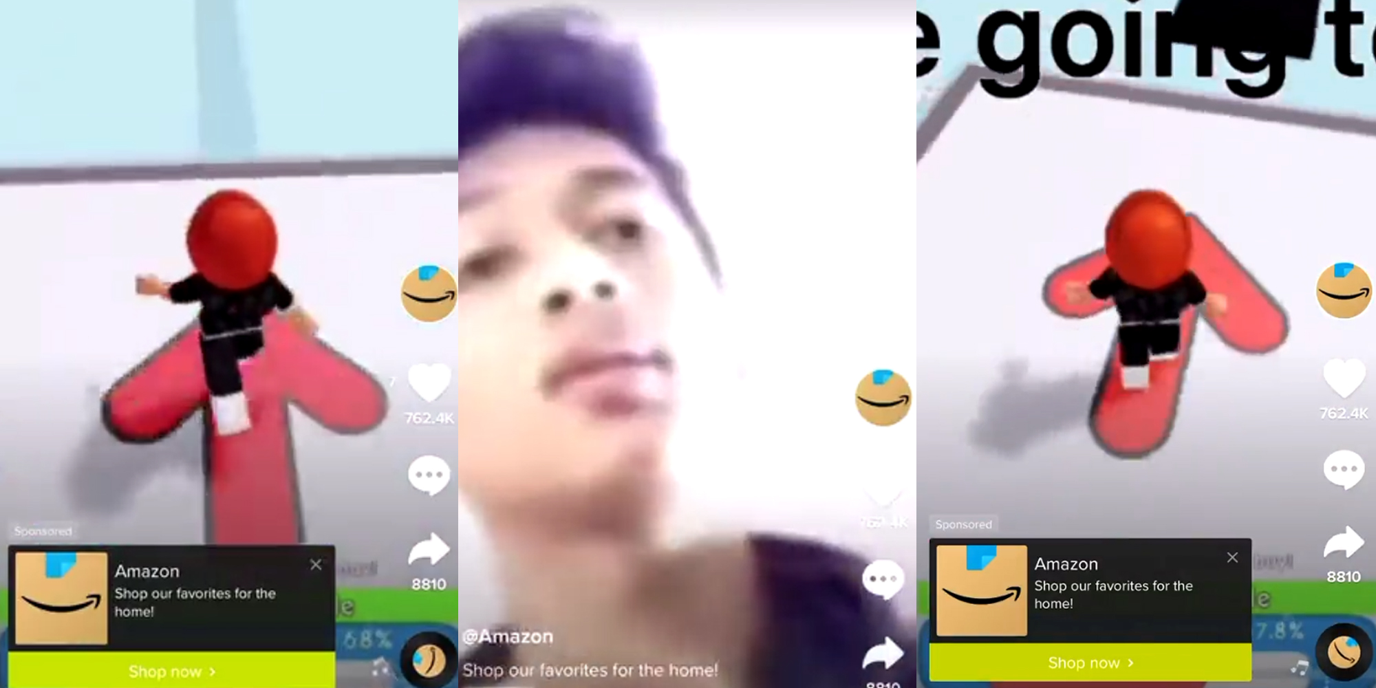 Three panels showing an ad purporting to be from Amazon that ran on TikTok. The ad was not bought by Amazon.