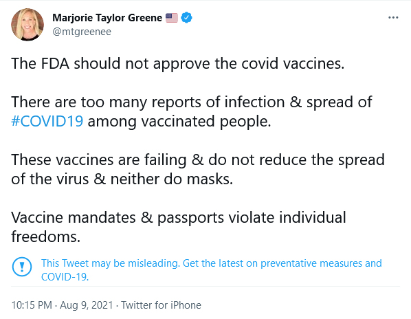 A tweet from Marjorie Taylor Greene containing COVID misinformation that resulted in her getting suspended from Twitter.