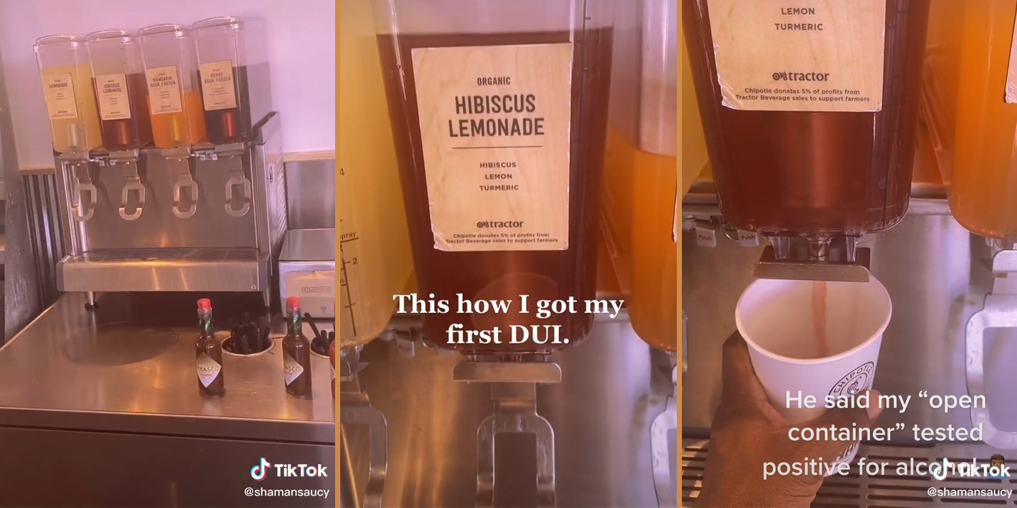 Drink stand (l) Hibiscus Lemonade container with caption "This how I got my first DUI" (c) man pouring lemonade into cup with caption "He said my 'open container' tested positive for alcohol" (r)