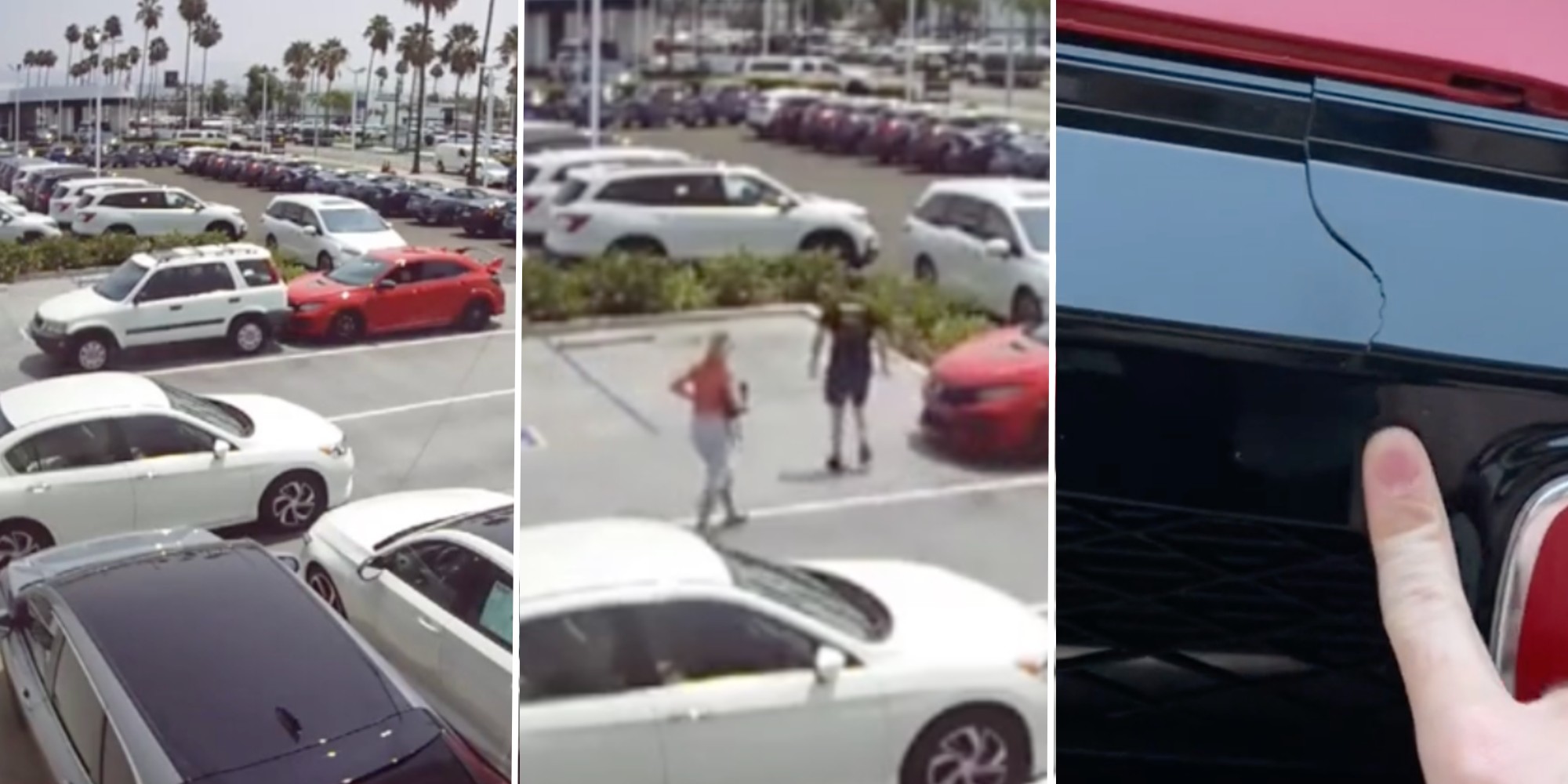 karen hitting man's car, man and karen assessing damage, man pointing out car damage