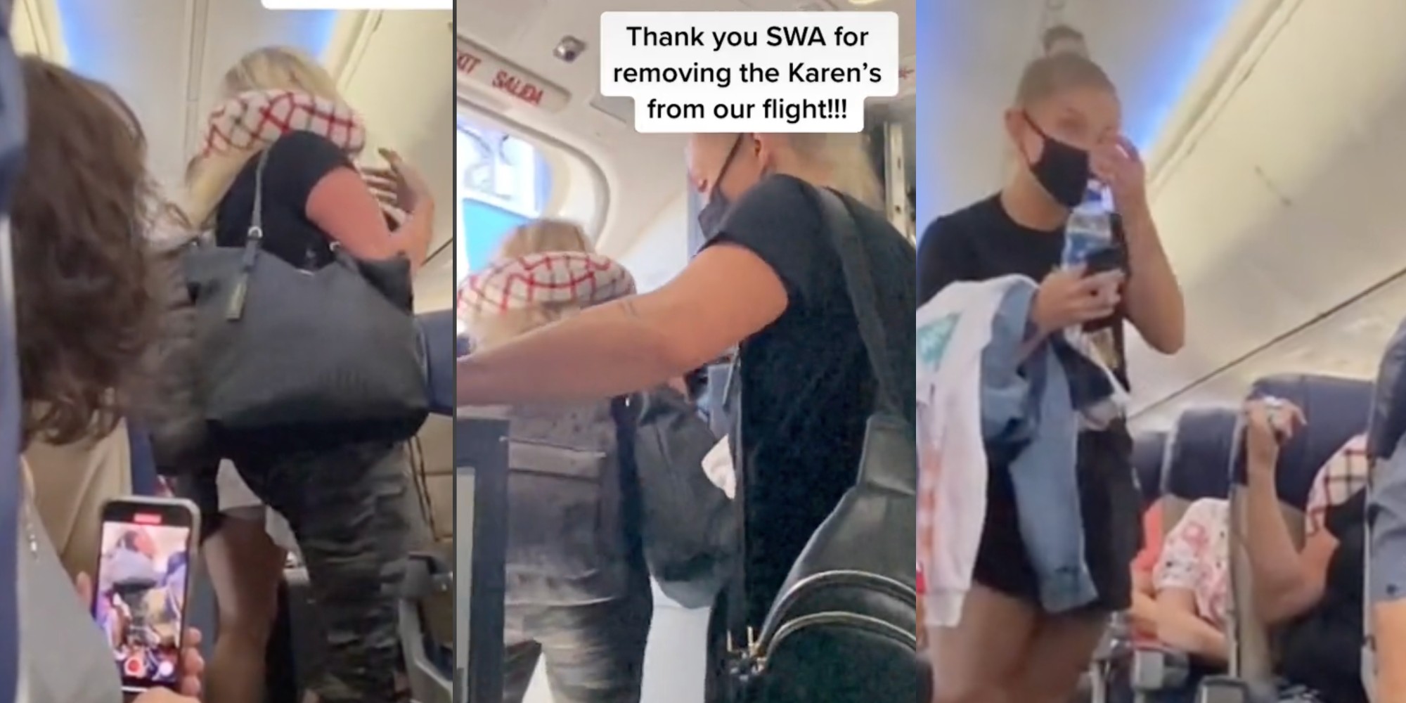 older karen, mother and daughter exiting plane, younger karen