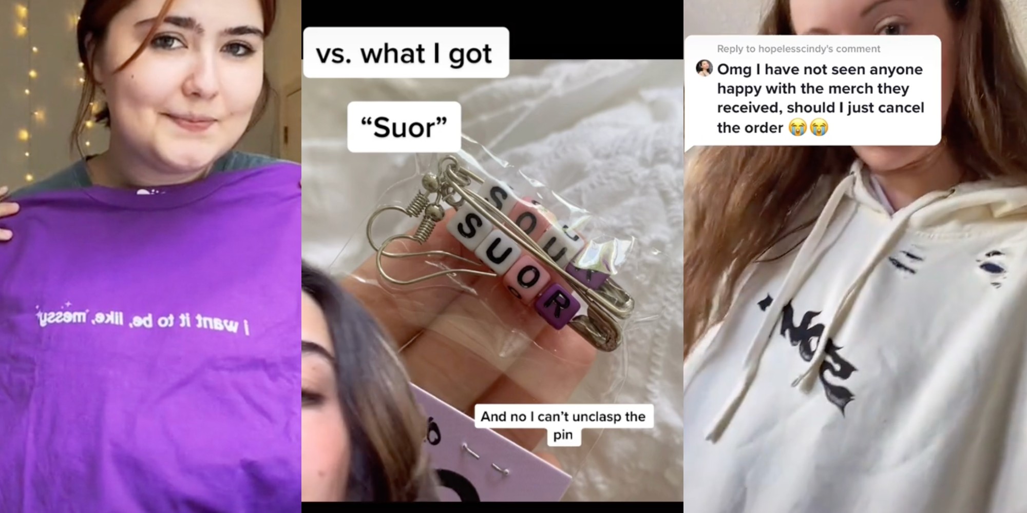 bright purple 'i just want to be messy' shirt, misspelled sour earrings, distressed off-white sour hoodie