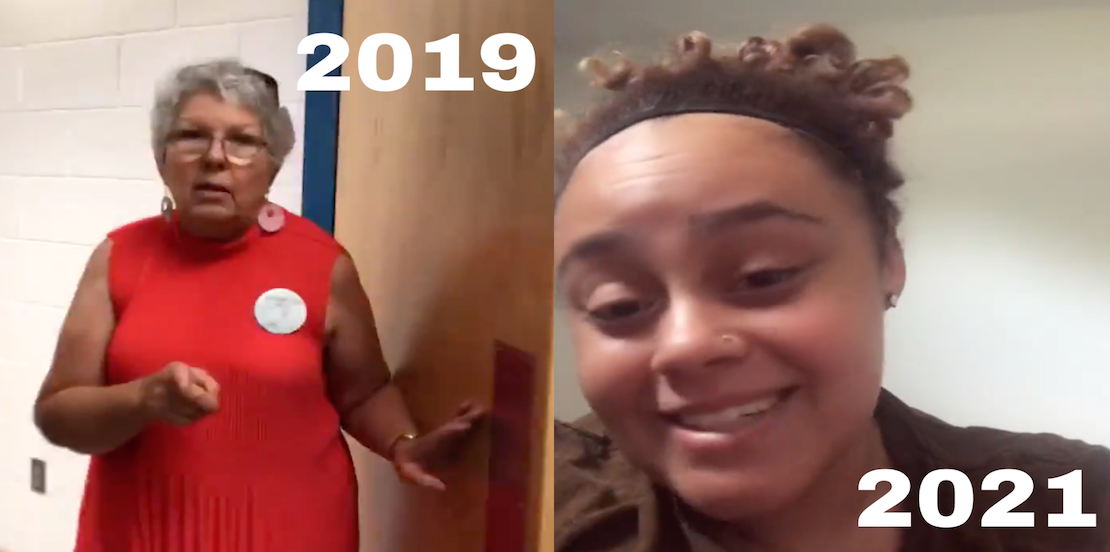 Two panel image. Left panel shows an older white woman wearing a red dress pointing a finger while holding open a wooden door. On the right is an ethnic woman smiling at the camera.