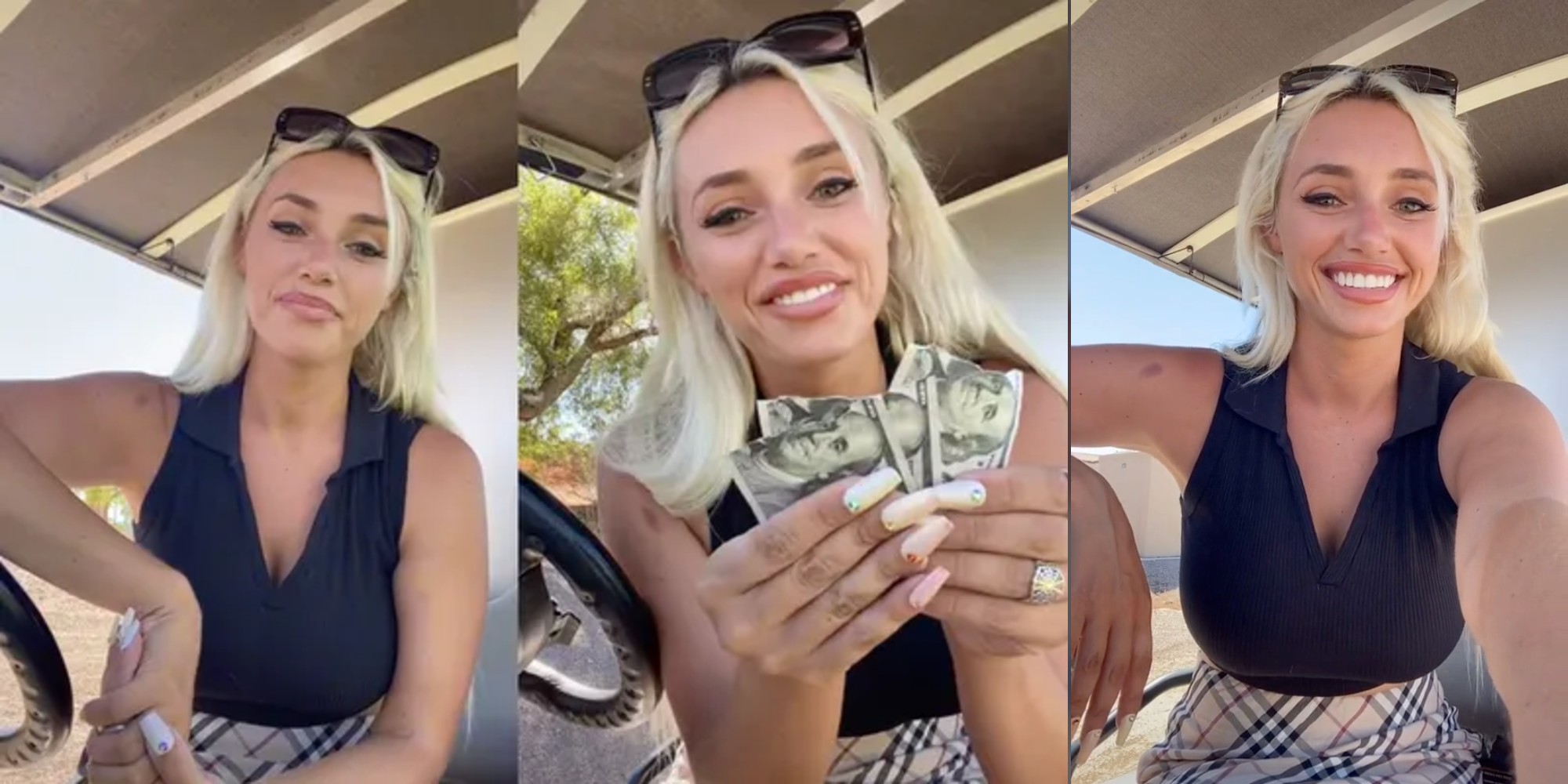 cass holland holding up 3 ripped up $100 bills