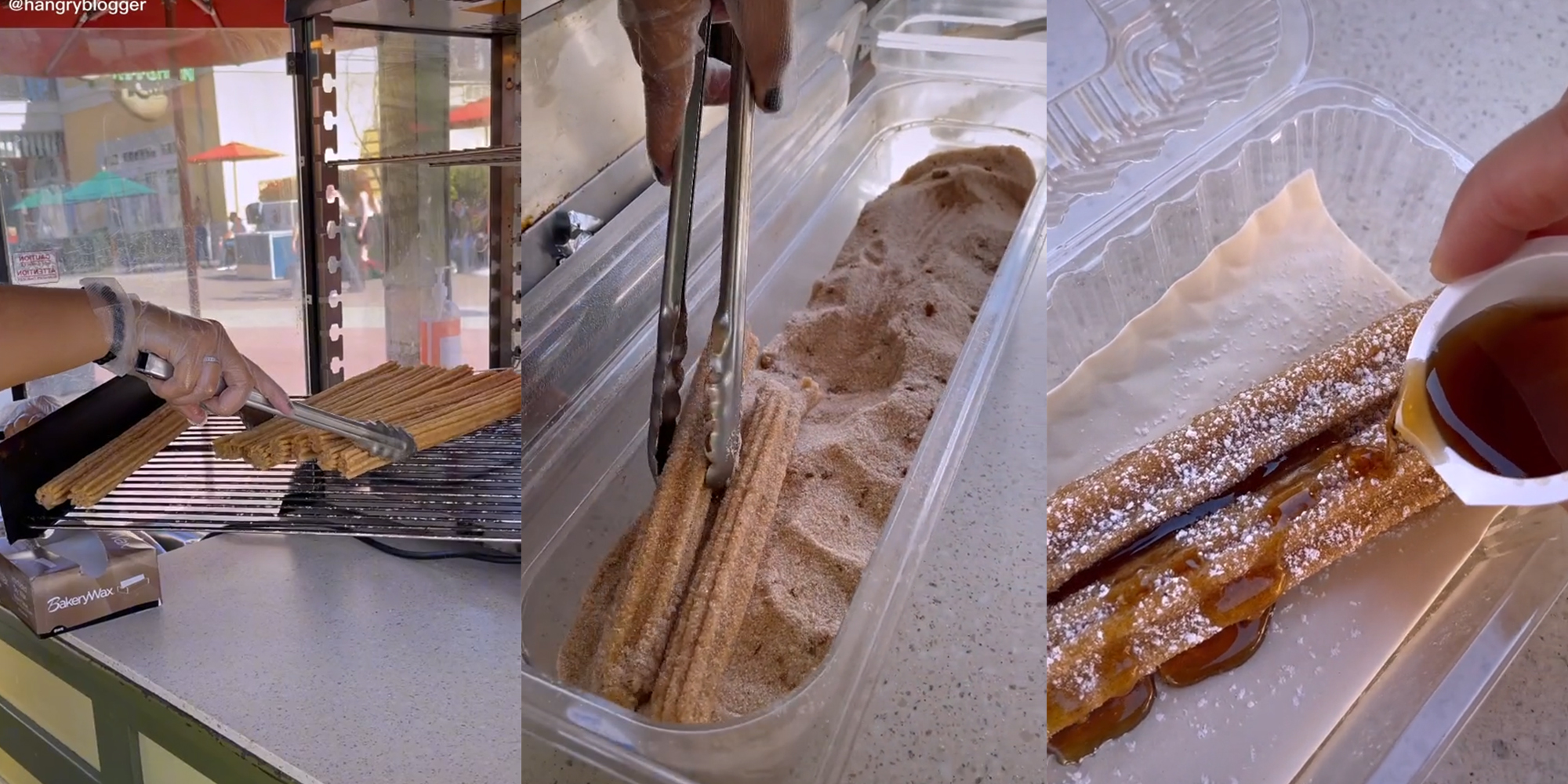 person preparing churros with sugar and syrup