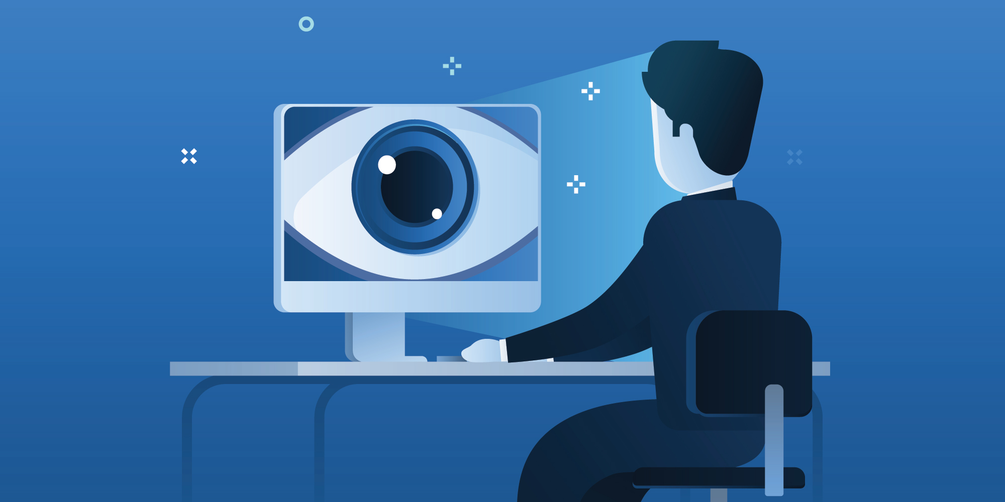 A cartoon man sitting at a computer.