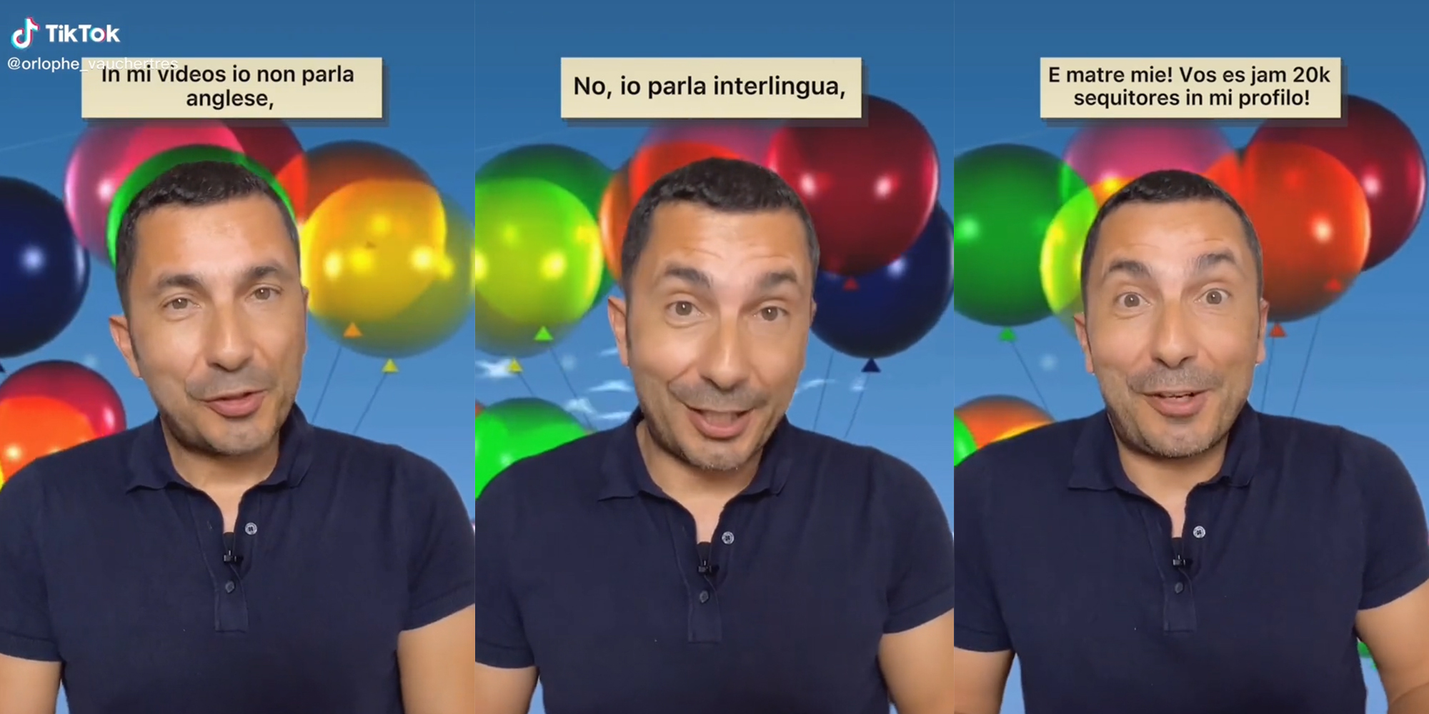man in front of balloons speaking "interlingua"