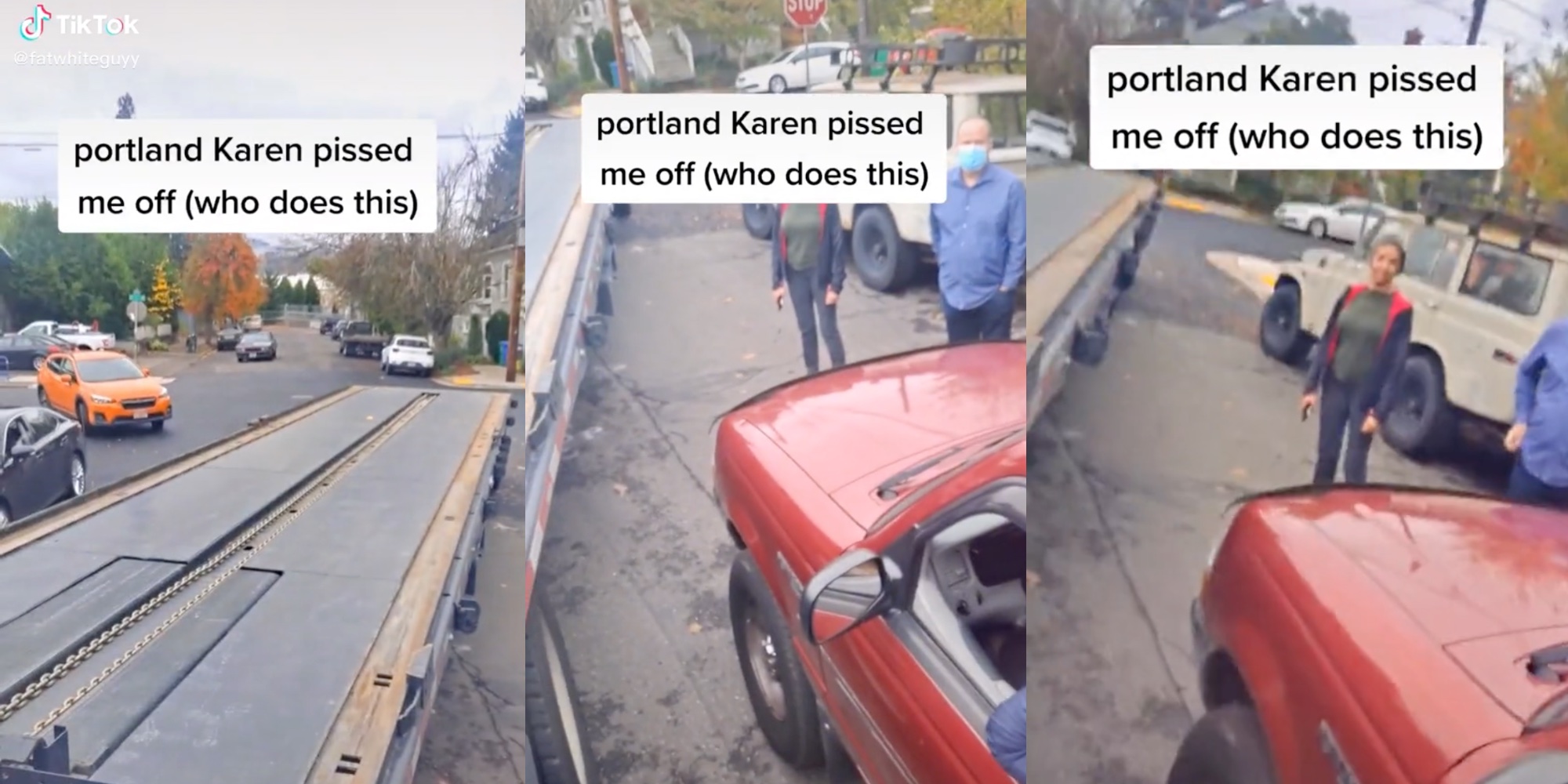 pick up truck blocking flat bed truck