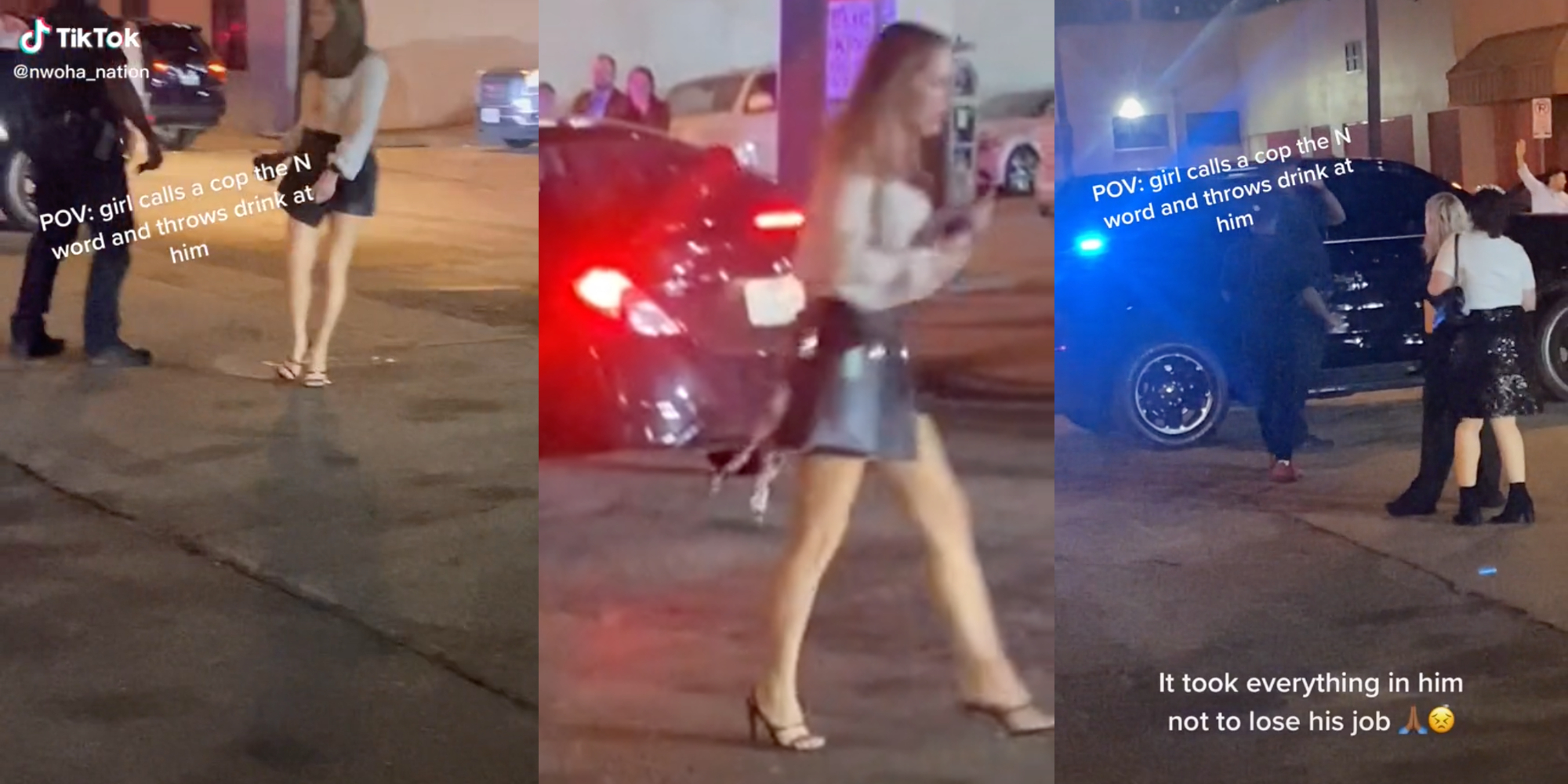 White woman throws drink at Black officer