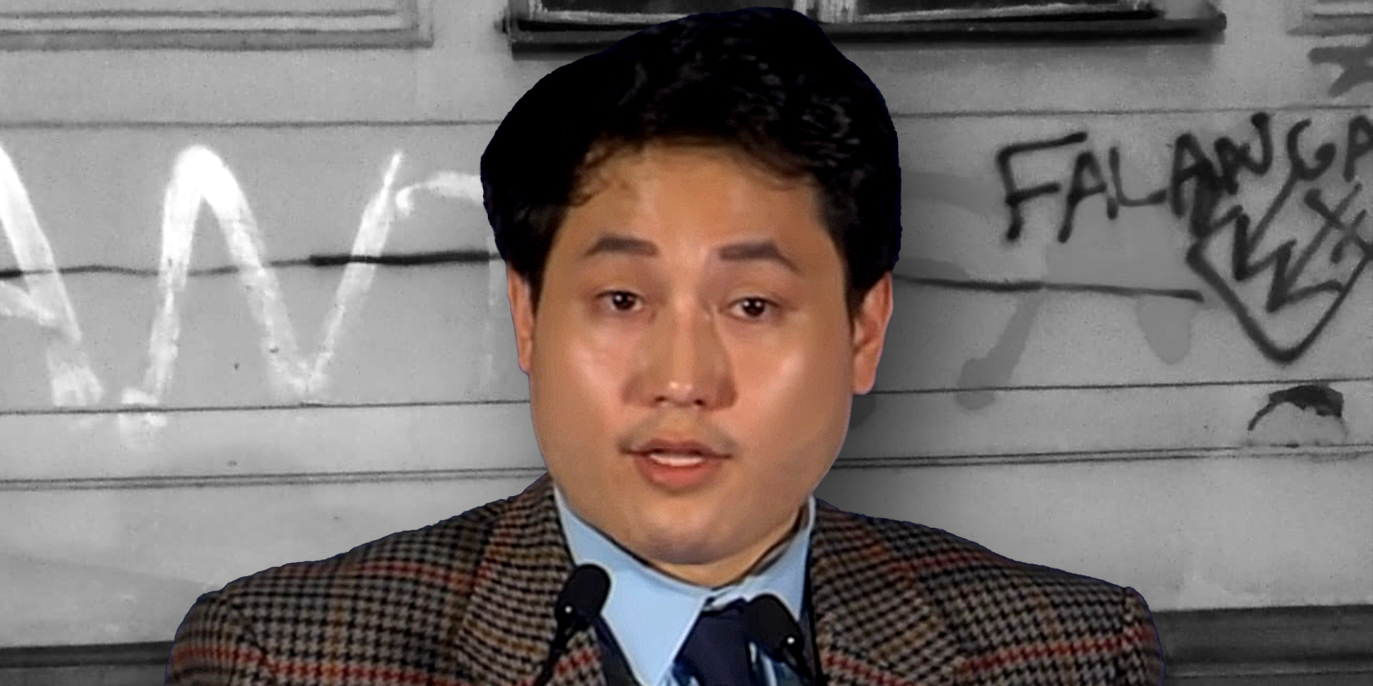 andy ngo in front of "Antifa" and "Falanga" graffiti