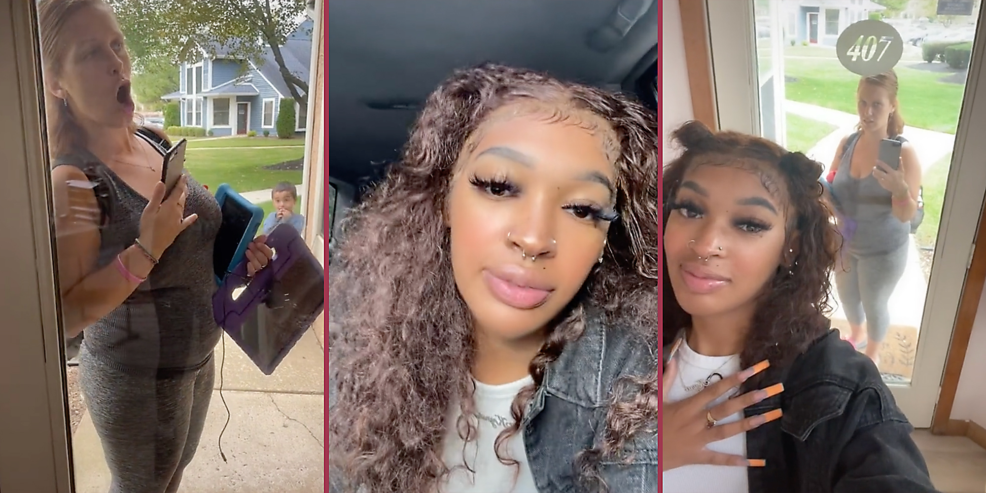 A woman yelling (L), a woman looking into camera (C), and a woman looking at another woman through a door (R).