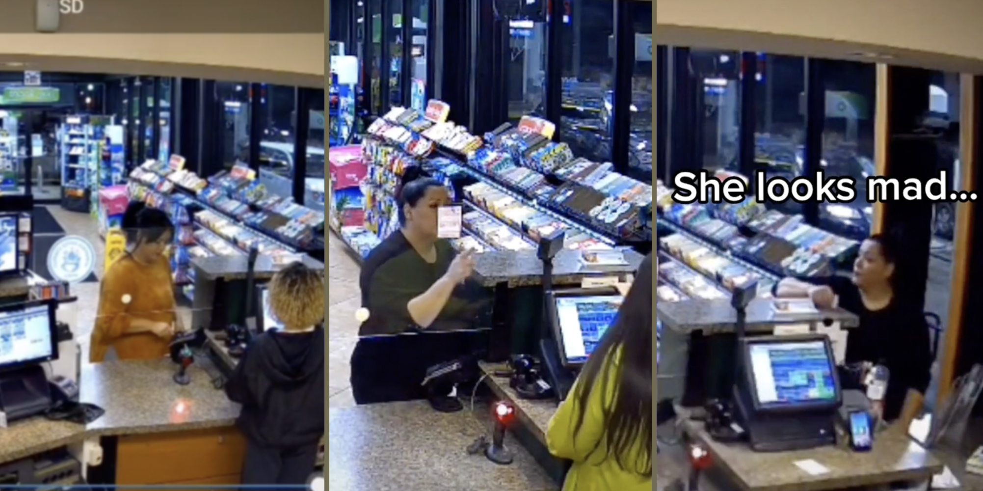 woman approaches gas station window