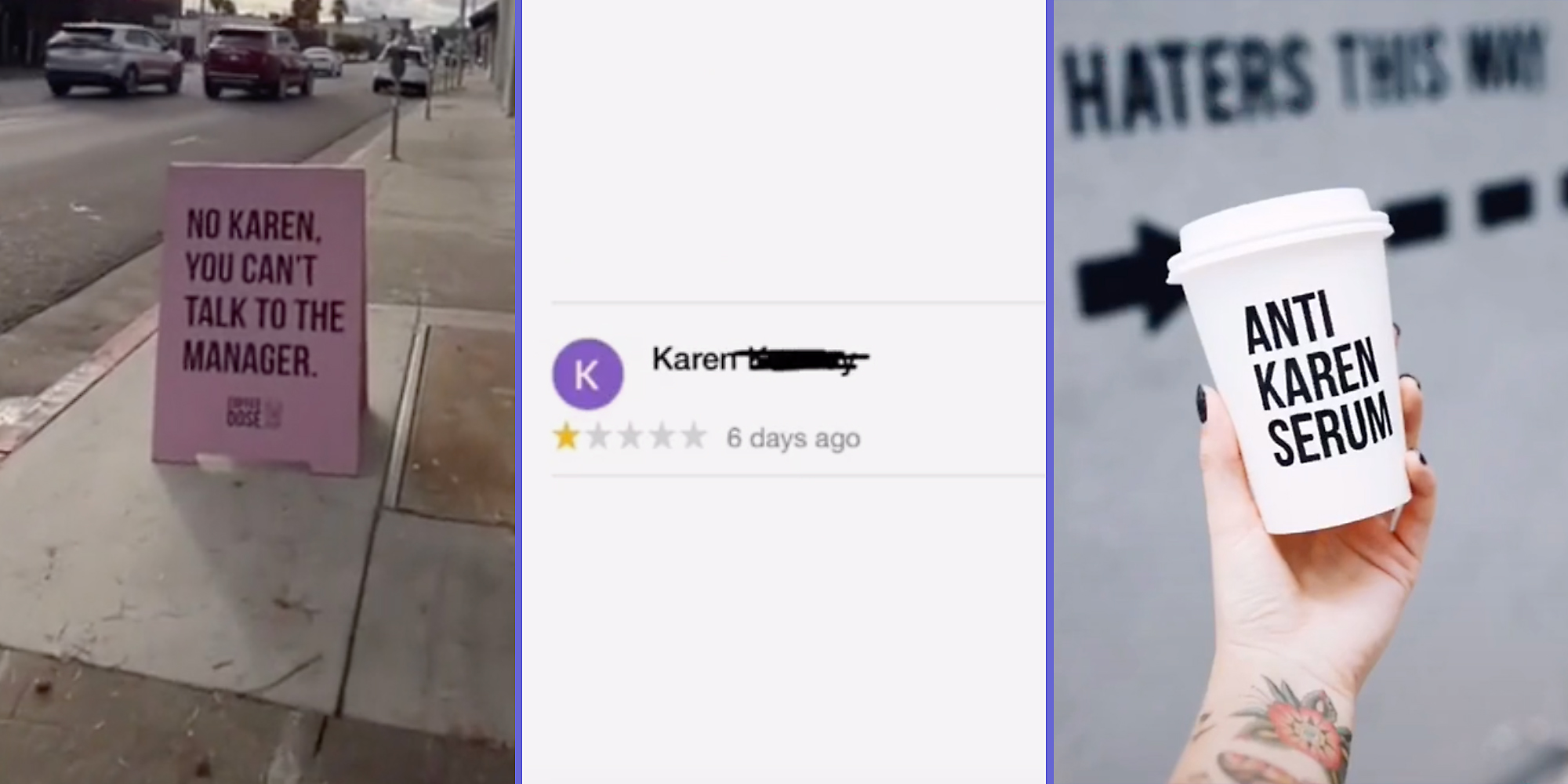 A sign (L), an online review (C), and a coffee cup (R).