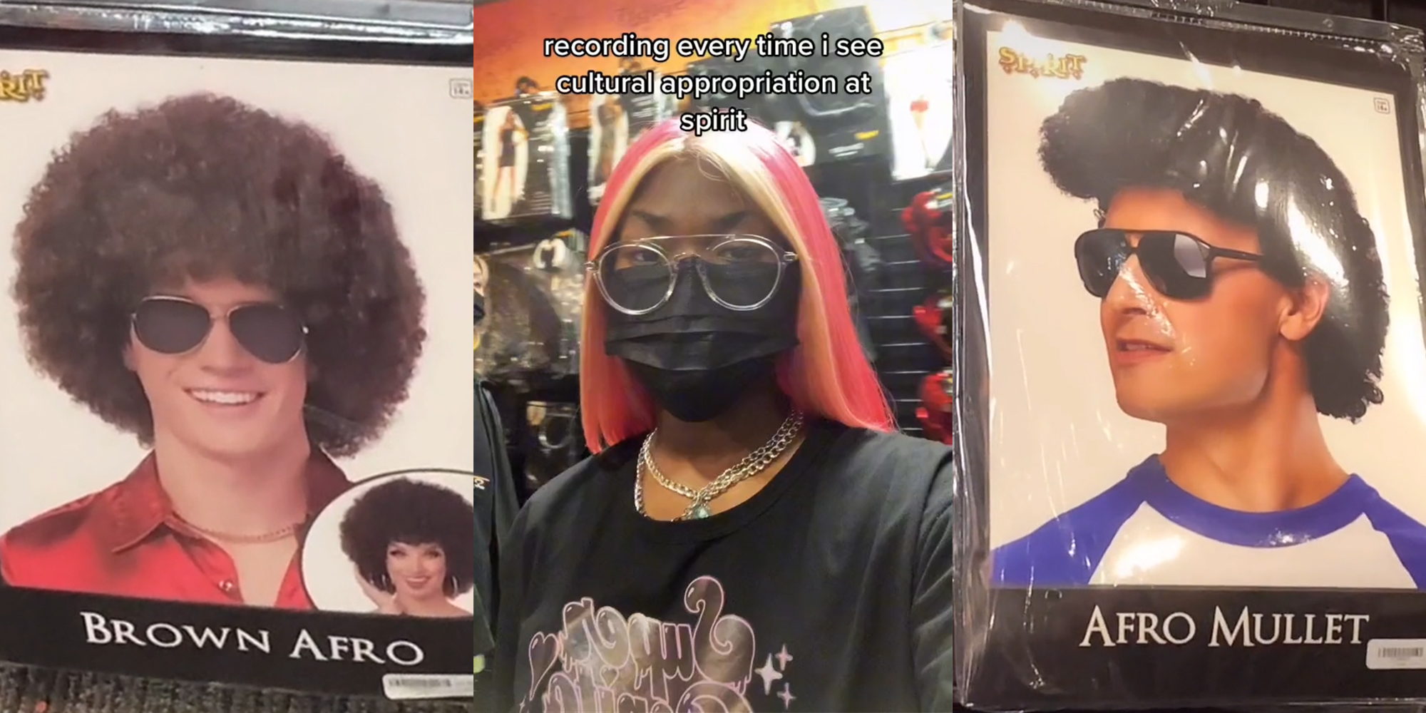 white man with "Brown Afro" wig (l) young woman in mask with caption "recording every time i see cultural appropriation at spirit" (c) white man in "Afro Mullet" wig (r)